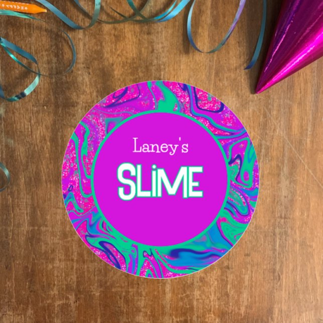 Étiquette de slime personnalisée, Fête de slime gr (Customize this template label, vibrant purple n teal with faux glitter for slime party or homemade)