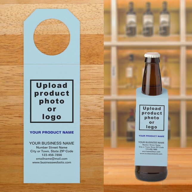 Étiquette de suspension de bouteille bleu clair de (Light blue bottle hanger tag for the product of your business.)