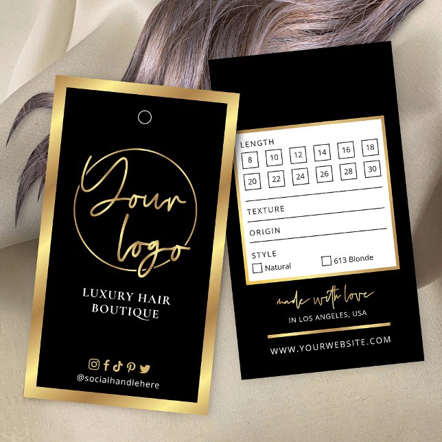 Étiquette de taille pour extensions de cheveux ave (Black and gold hair extensions price tag with space for your logo and business details)