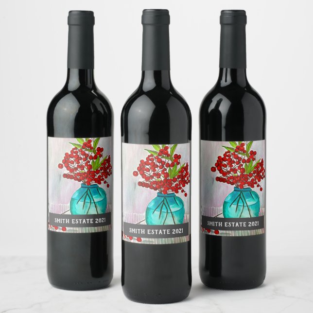 Étiquette de vin d'art d'aquarelle de baies rouges (Bouteilles)