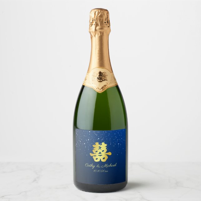 Étiquette de vin étoilé de mariage chinois bleu ma (Devant)
