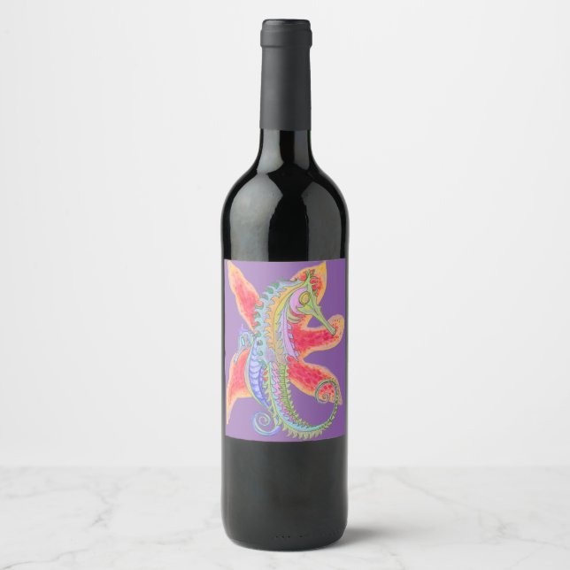 étiquette de vin hippocampe et étoile de mer (Devant)