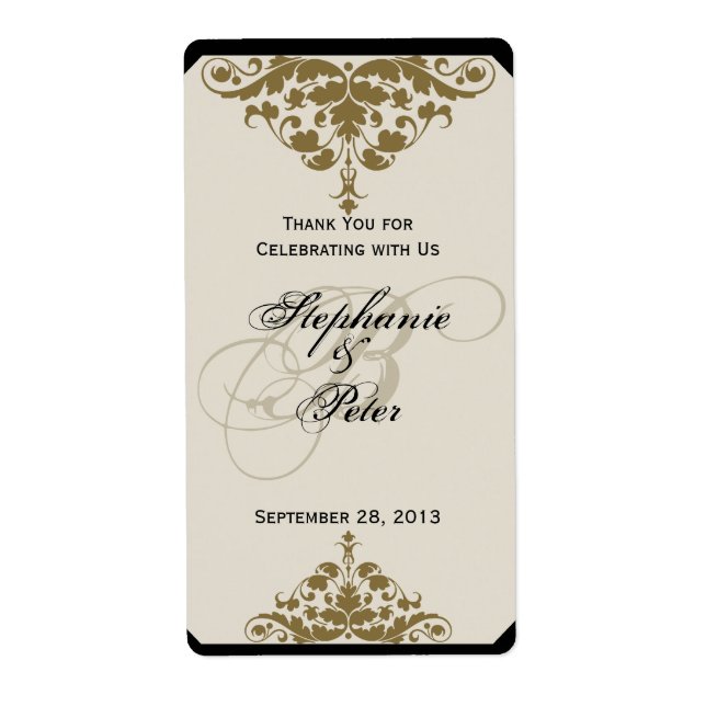 Étiquette de vin Ivory Black et Gold Mariage damas (Devant)