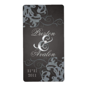 Étiquette de vin Mariage Black Swirl Argent Bijoux