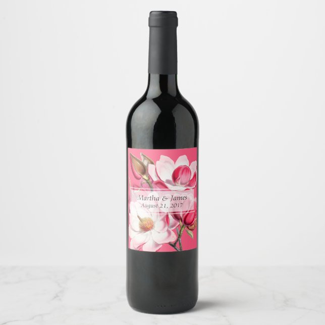 Étiquette de vin Mariage de Magnolias rose (Devant)