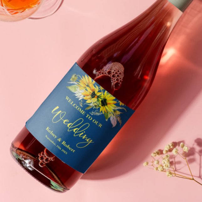 Étiquette de vin Mariage Sunflower bleu (Créateur téléchargé)