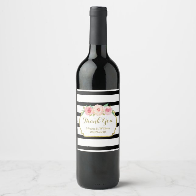 Étiquette de vin rose Floral or noir (Devant)
