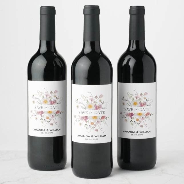 Étiquette de vin « Save the Date » – Fleurs aquare (Bouteilles)