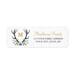 Étiquette Deer Antler Wreath Gold Monogramme Adresse