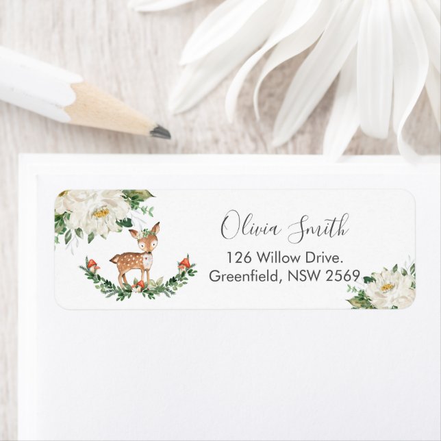 Étiquette Deer Woodland Ivory White Floral Adresse de retour (En situation)