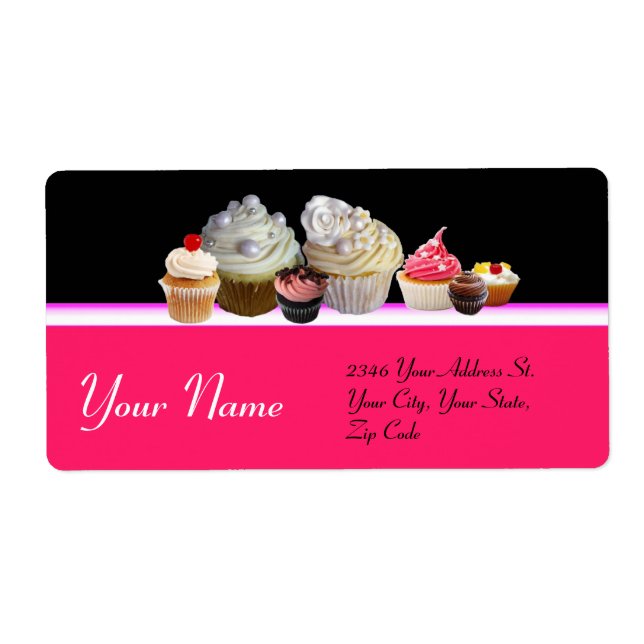 Étiquette DÉLICIEUX CUPCAKES DESERT SHOP, Rose Black Fuchsia (Devant)