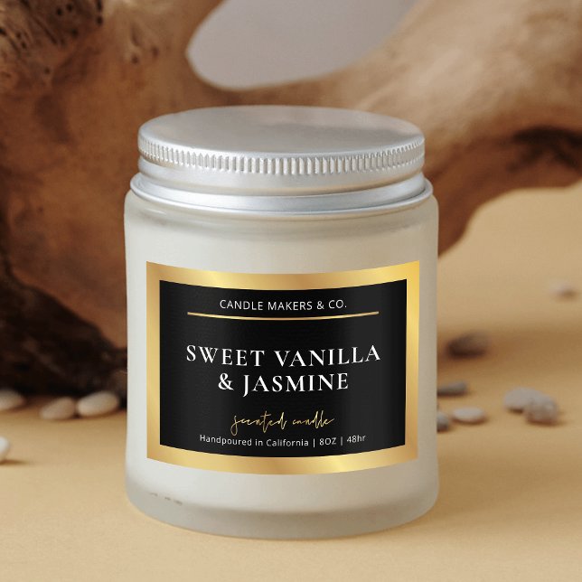 Étiquette d'emballage de produits Black & Gold (Trendy and chic black and gold foil effect border rectangle candle jar labels)