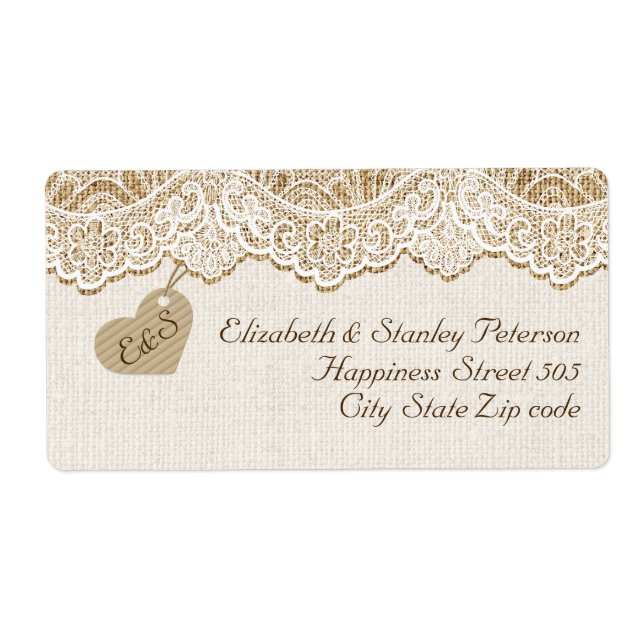 Étiquette Dentelle blanche et coeur sur mariage burlap (Devant)