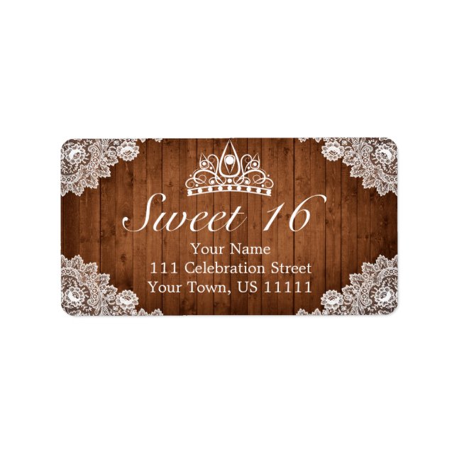 Étiquette Dentelle rustique et blanc Tiara Sweet 16 Adresse (Devant)