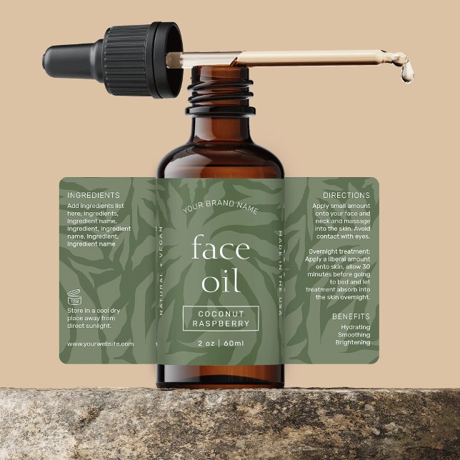 Étiquette d'enveloppement de gouttelettes Neutral  (Trendy sage green cosmetic bottle label with fully customizable text and colors)