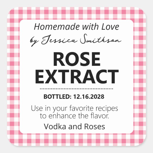 Étiquette d'extrait Gingham personnalisable - Rose (Devant)