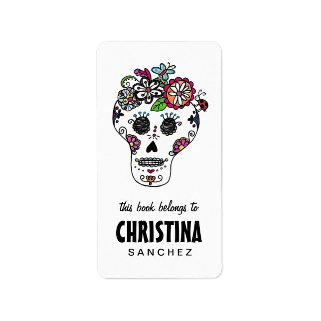 Étiquette Dia de Los Muertos, Crâne à sucre, Plaques de livr (Devant)