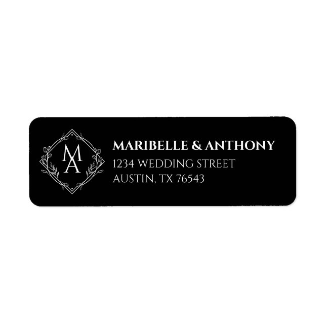 Étiquette Diamant Floral Monogramme Mariage noir Retour (Devant)