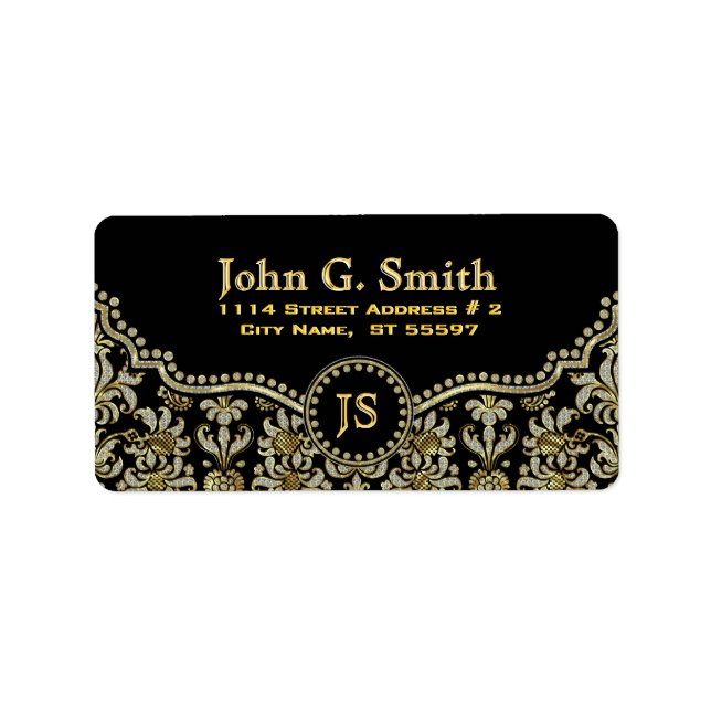 Étiquette Diamants noirs et Damas florales d'or (Devant)