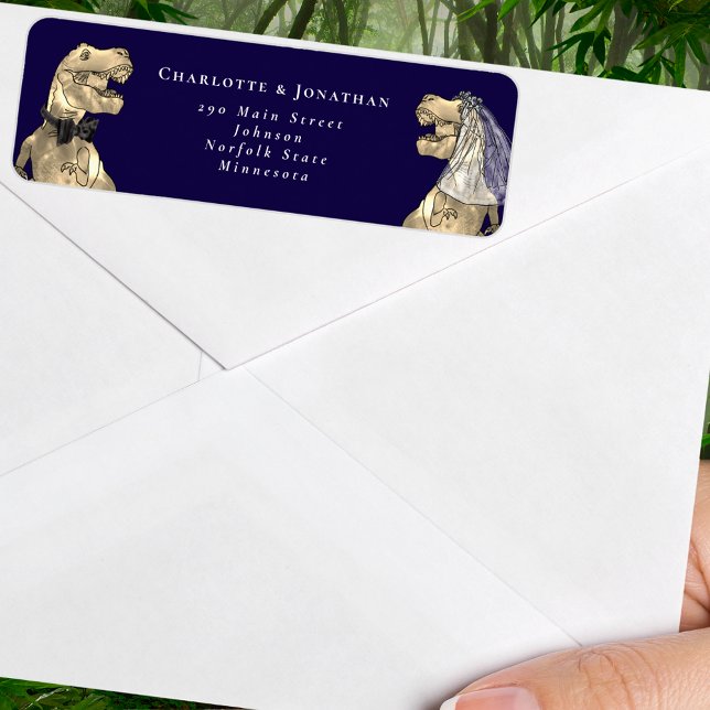 Étiquette Dinosaur Mariage thématisé Adresse de retour (Dinosaur wedding navy blue and white custom return address label Sticker T-Rex dino bride and groom)
