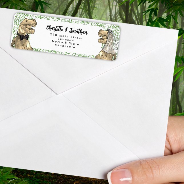Étiquette Dinosaur Mariage thématisé Adresse de retour (Dinosaur themed wedding funny T-Rex bride and groom jungle foliage return address label)
