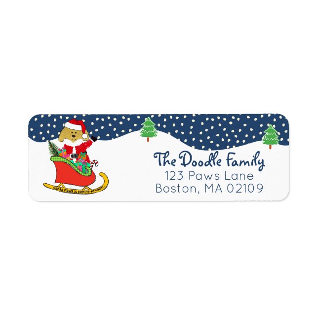 Étiquette Doodle doré de Noël personnalisé Père Noël Sleigh (Devant)