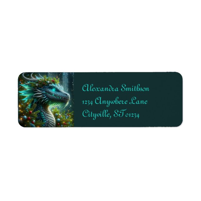 Étiquette Dragon de Noël Turquoise Magique (Devant)