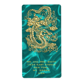 Étiquette Dragon d'or incorporé sur impression en satin Turq
