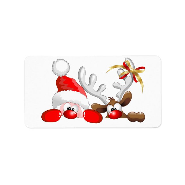 Étiquette Drôle Père Noël et Reindeer Cartoon (Devant)