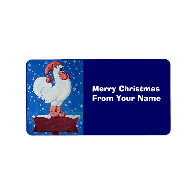 Étiquette Drôle Rooster dans Santa Hat dans Neige Gift étiqu (Devant)