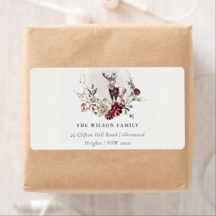 Étiquette Dusky Stag Marsala Floral Wreath Adresse de Noël