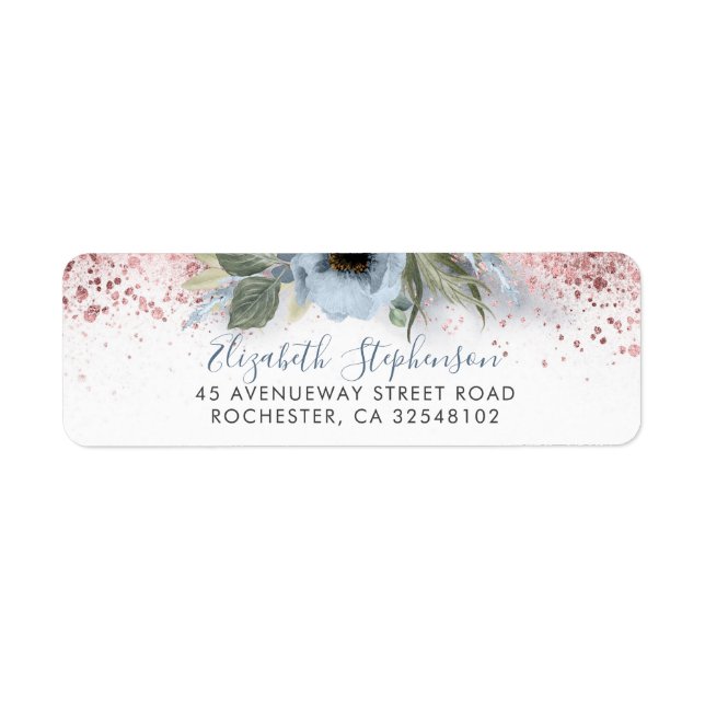 Étiquette Dusty Blue et Rose Gold Parties scintillant Floral (Devant)