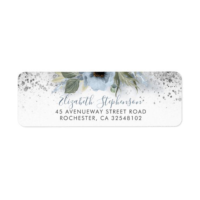 Étiquette Dusty Blue et Silver Parties scintillant Floral te (Devant)