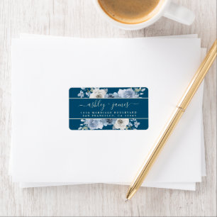 Étiquette Dusty Blue Floral Deep Blue Mariage Adresse de ret