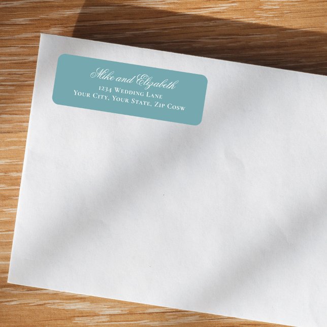 Étiquette Dusty Blue Script Names Wedding Address (Dusty blue script wedding return address label on white envelope mockup)