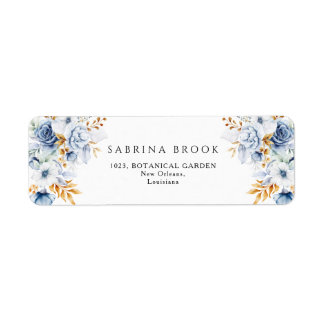 Étiquette Dusty Blue White Gold Floral Mariage Adresse