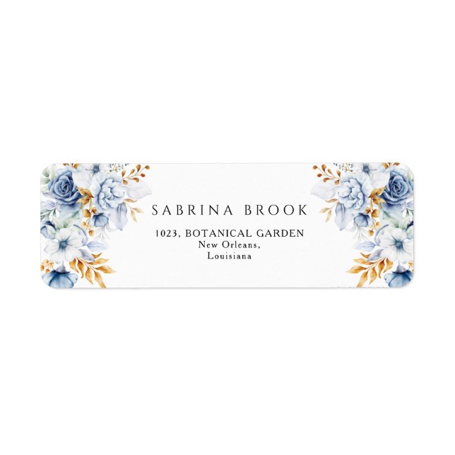 Étiquette Dusty Blue White Gold Floral Mariage Adresse (Devant)