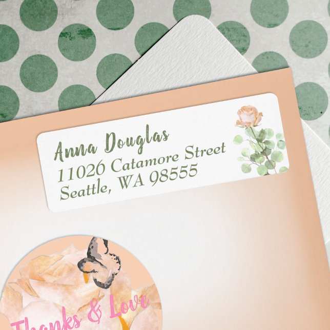 Étiquette Dusty Rose Eucalyptus Adresse de retour (dusty peach roses botanical return address label personalized stationary grad graduate floral pink)