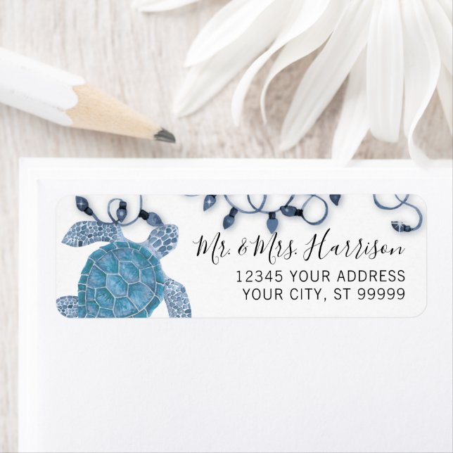 Étiquette Éclairage bleu de la plage de la mer de Noël (En situation)