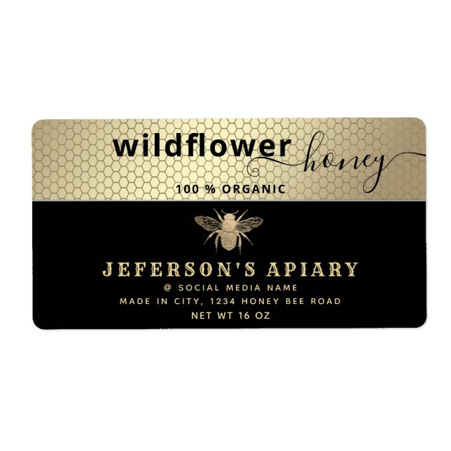 Étiquette Écriture d'abeille en or noir moderne Chocolat (Devant)