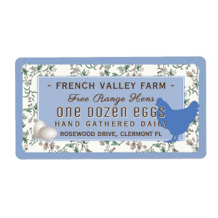 Étiquette Egg Carton Label Botanical with Hen and Eggs Blue