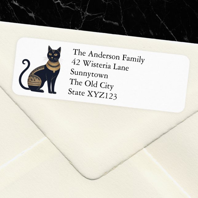 Étiquette Égyptien Chat Noir Élégant Personnalisé (A stylish, personalized return address label, with picture of an elegant Egyptian black cat)