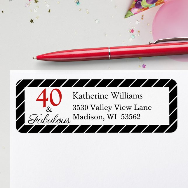 Étiquette Elégant 40 & Fabuleux 40e Anniversaire Noir & Blan (Elegant 40 & Fabulous 40th Birthday Black & White Return Address Label)