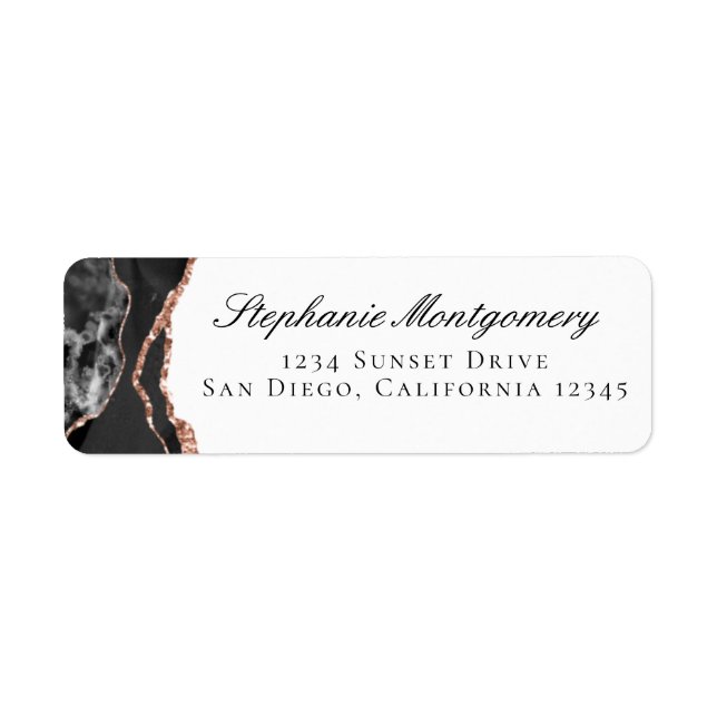 Étiquette Elégant Agate noir blanc Rose Gold Foil Adresse (Devant)