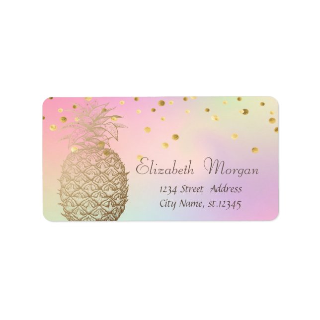 Étiquette Élégant Ananas en Or Confetti Holographique (Devant)