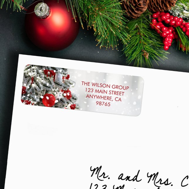Étiquette Élégant Arbre de Noël Adresse de retour (Elegant Christmas tree and red ornaments return address labels)