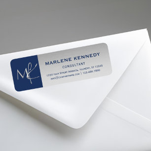 Étiquette Élégant Argent Monogramme Marine Bleu Adresse de r