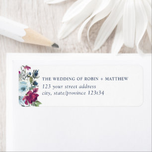 Étiquette Elegant Berry Burgundy et Blue Floral Address Lab