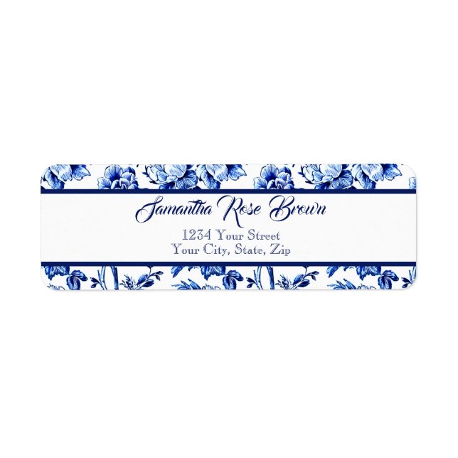 Étiquette Élégant bleu et blanc toile florale Adresse de ret (Devant)