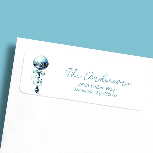 Étiquette Elegant Blue Baby Rattle Boy Baby shower Adresse (Créateur téléchargé)